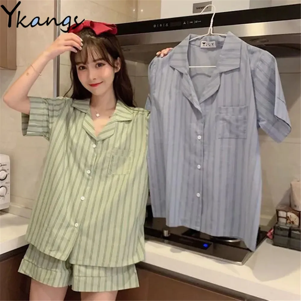Pijama de verano para mujer, ropa de dormir coreana con solapa a rayas, Kawaii, holgada, de talla grande
