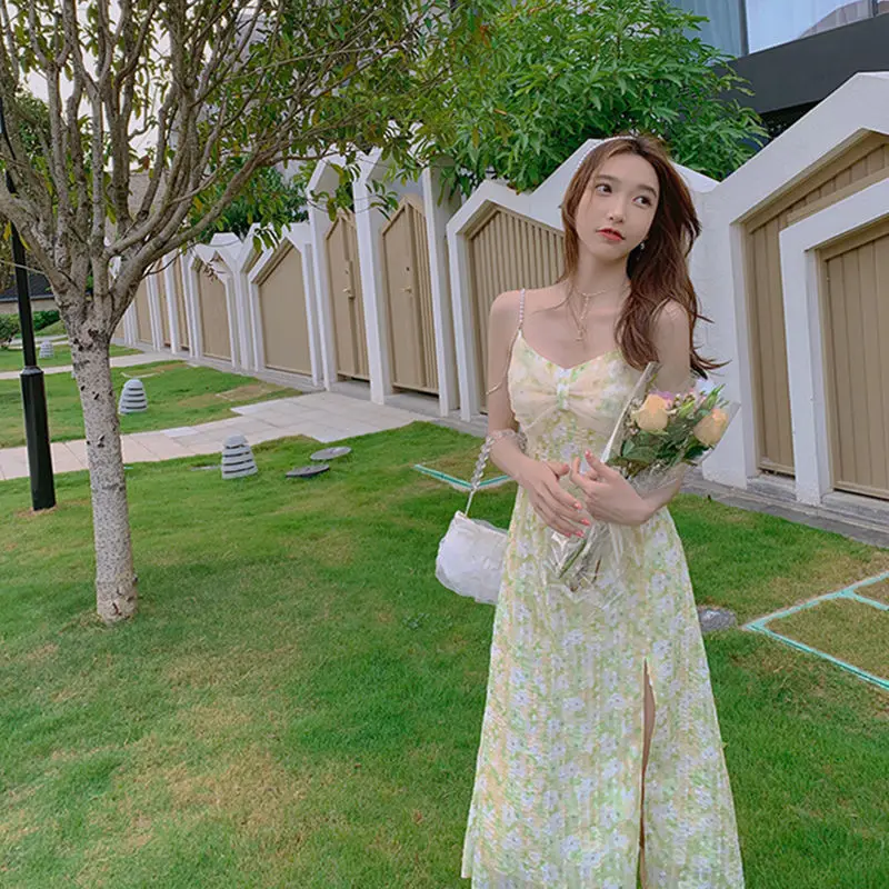 

Summer Vintage Floral Strap Dress Women Vacation Beach Boho Midi Dresses Ladies Yellow Print Sexy Evening Party Split Dress 2021