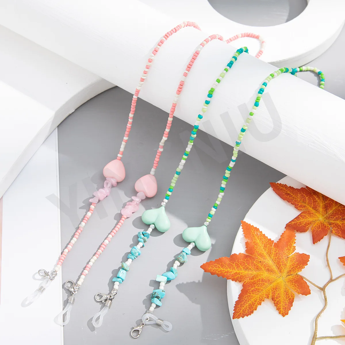 

Girly Creative White Pink Round Rice Beads Peach Love Heart-Shaped Glasses Chain Women's Eyeglass Anti-Lost Jewelry Accessories