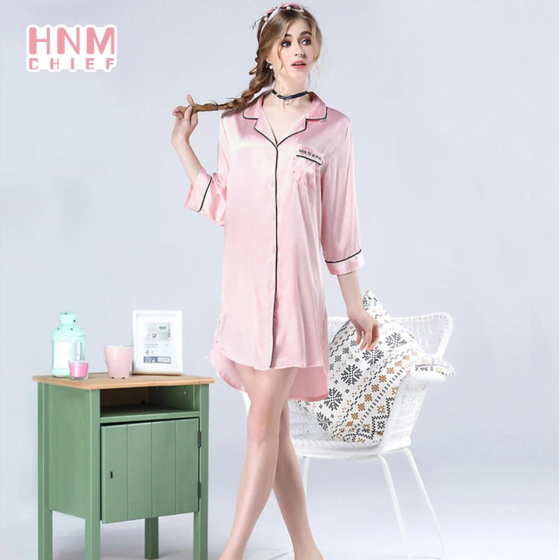 Розовые атласные шелковые рубашки HNM пижамы для женщин ночная рубашка пижама с