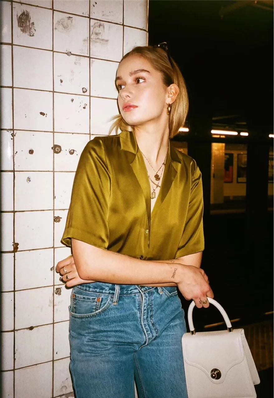 Рубашка Женская атласная модная брендовая роскошная винтажная свободная тонкая