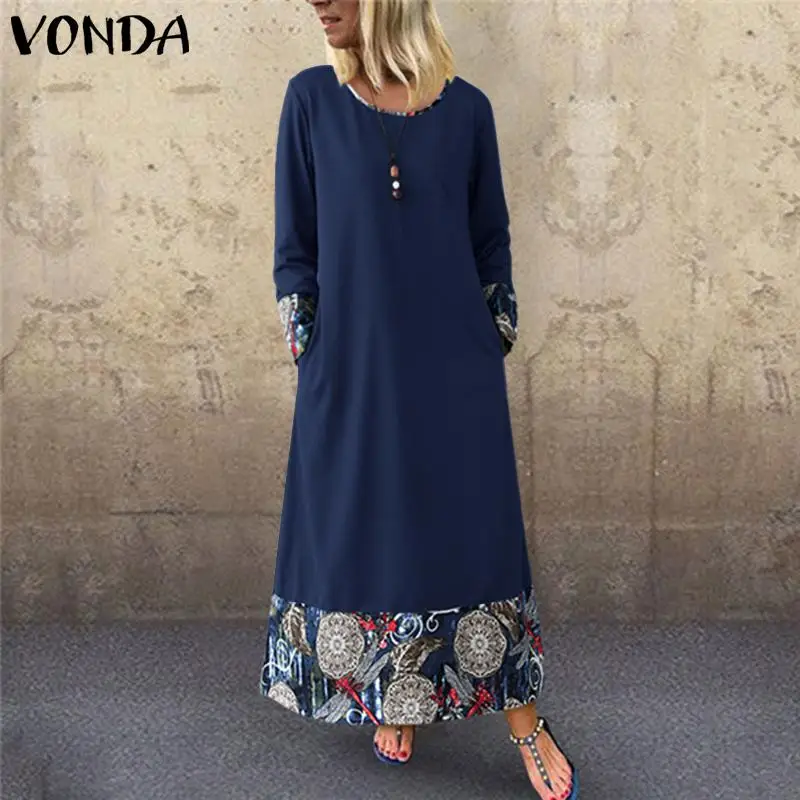 VONDA, женское длинное платье макси, повседневное, с длинным рукавом, в богемном стиле, с принтом, из кусков,, осеннее платье, вечерние платья размера плюс, женское платье