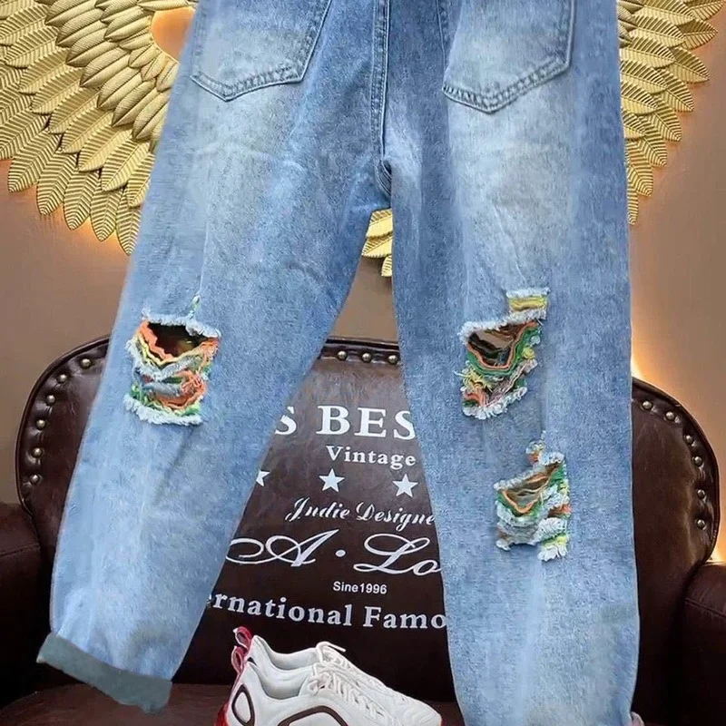 

Ladies Spring New Korean Style Ripped Color Striped Denim Daddy Pants Harlan Women's Pants Cropped Trousers Mother Jeans