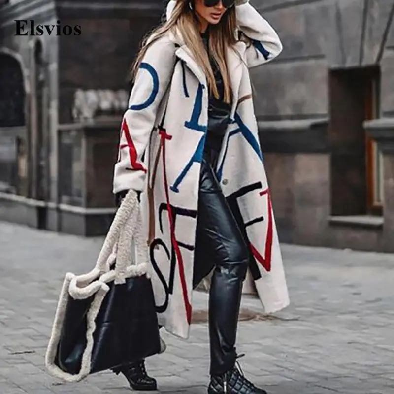 

Женское длинное пальто из смесовой шерсти, повседневное Свободное пальто с длинным рукавом, кардиган с принтом, ветровка, Осень-зима 2021