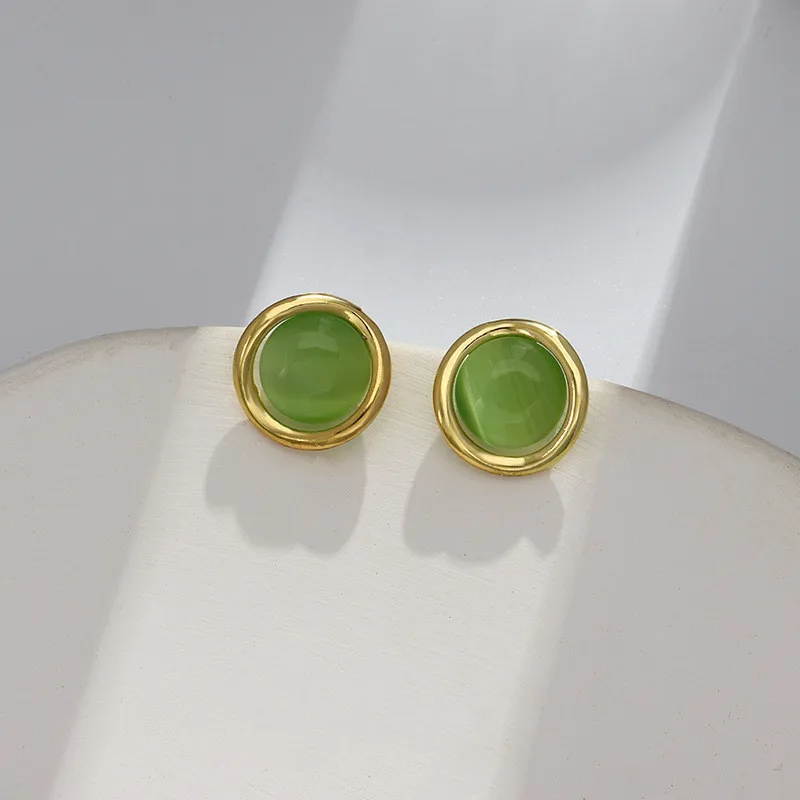 

Round Green Opal Stone Stud Earrings Classic Luxury Jewelry Silver Needle Women Circle 1.5cm Female Studs Earrings Party Gift