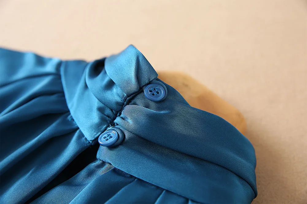 

Runway Long sleeve Blue Satins Dress Lady Stand Collar Lantern Long Sleeve Straigth Casual Tied Waist Dress