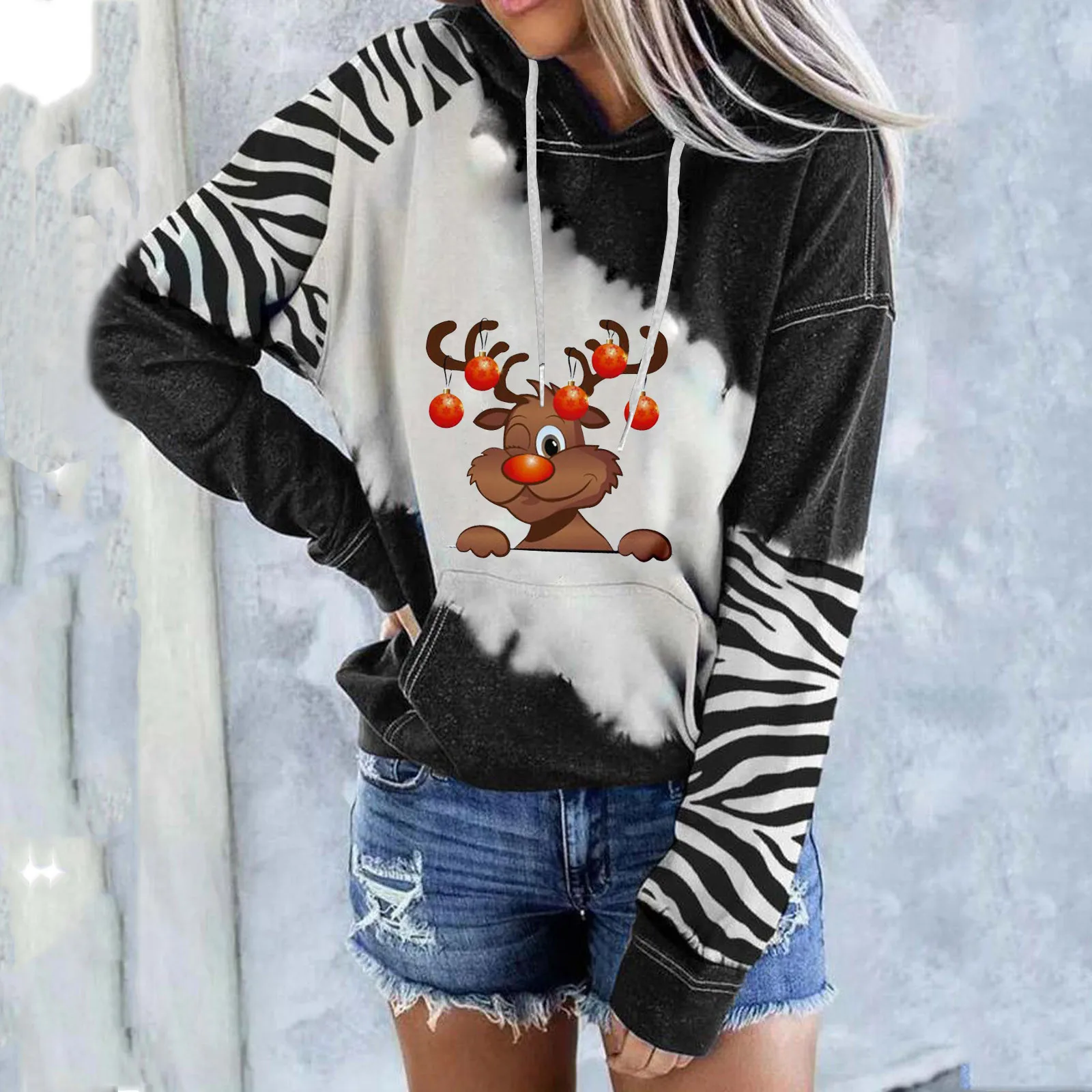 

Худи с рождественским оленем, женский зимний теплый пуловер, свитшоты, Повседневная модная верхняя одежда с длинным рукавом, кулиской и кап...