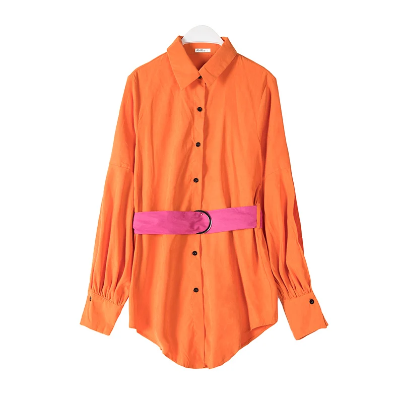 HELIAR Buttoned Up Solid OL Blouse With Belt Summer V-Neck Fashion Long Sleeve Shirt Casual Female Women | Женская одежда