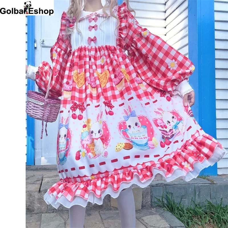 

Kawaii Japanese Sweet Lolita Soft Girl Dress Peter Pan Collar Flare Sleeve Cute Ruffle Bow Cartoons Rabbit Drees Retro Dresses