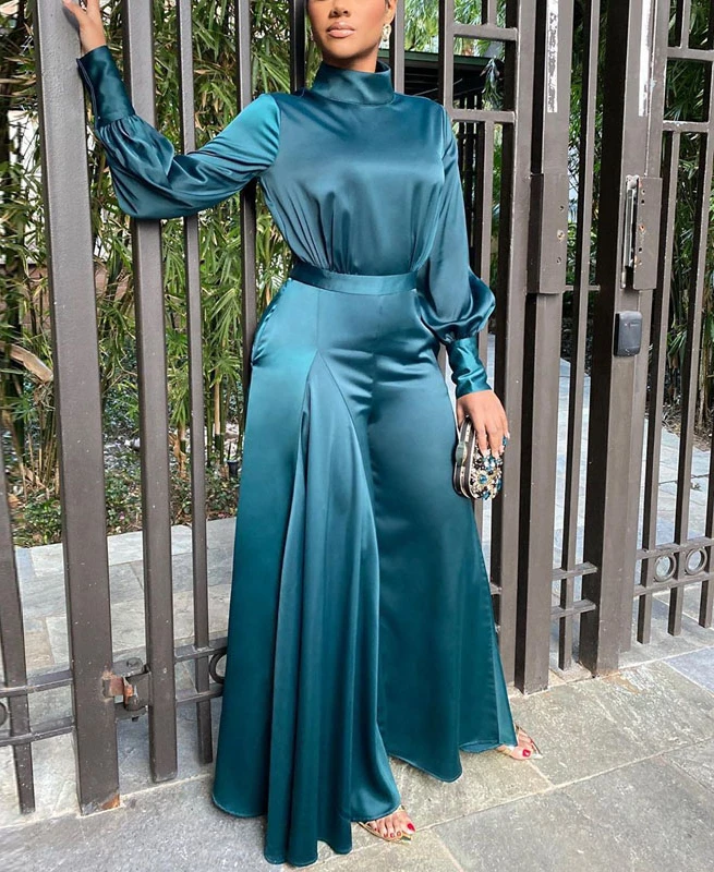 

Women Satin Long Sleeve Vintage Jumpsuit Wide Leg Pants Overalls Turtleneck Solid Elegant Office Ladies Evening Party Rompers