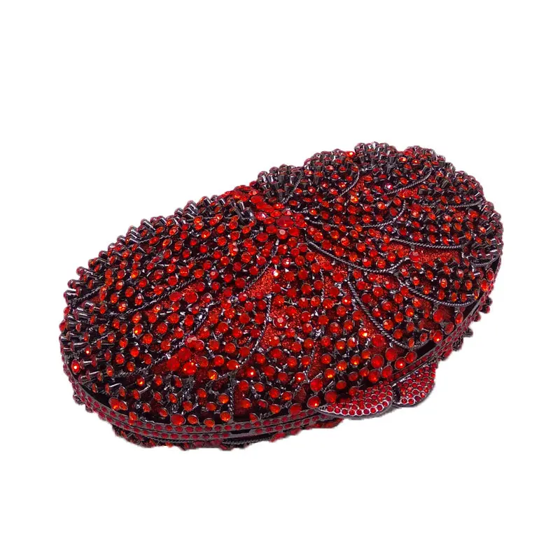 

Double Flower Elegant Hollow Out Red Ruby Women Crystal Clutch Evening Handbags and Purses Metal Minaudiere Wedding Clutches Bag