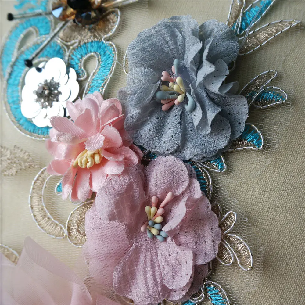 Розовая синяя 3D Цветочная кружевная ткань с пайетками вышитая одежда аппликация