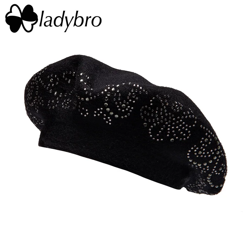 23501Black Ladybro, двухслойная, стразы, шерстяная шапка, женская, осень, зима, шапка, теплый берет, женская вязаная шапка, кепка boina, женский берет, шапка - Цвет: 23501Black