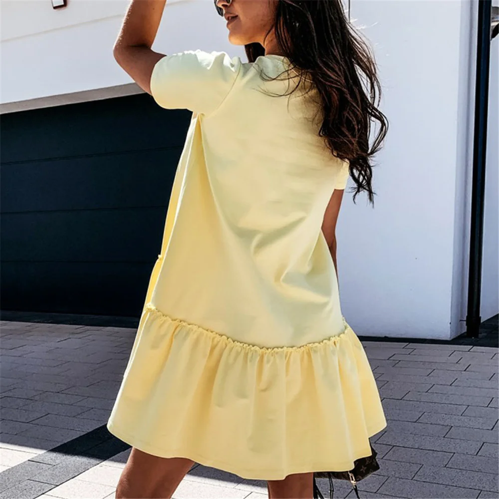

Casual crew neck plight women's dress with short sleeve solid color loose dress short summer style dress the line mini dressed