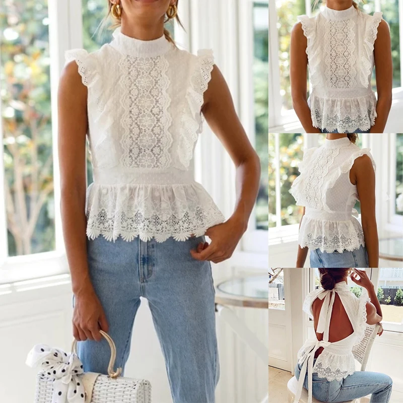 

Women's New Style Blouse Strappy Sexy Open Back Round Neck Lace Shirt White