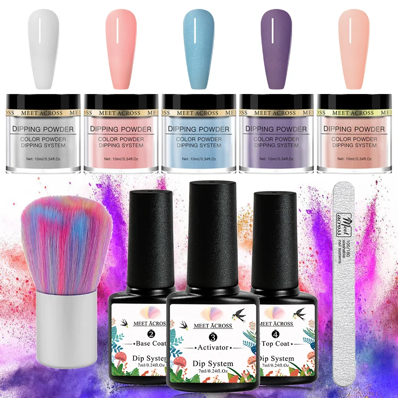 MEET ACROSS Dipping Powder Set Nail Art Brush Tools For DIY Manicure Powders Soak Off Base Top Coat Activator Kit | Красота и