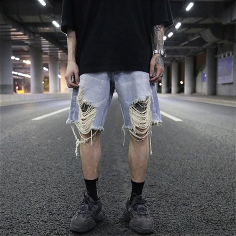 

High Street Punk Men Beach Short Jeans Vintage Casual Hole Washed Ripped Loose Outdoor Men Shorts Rap Hip Hop