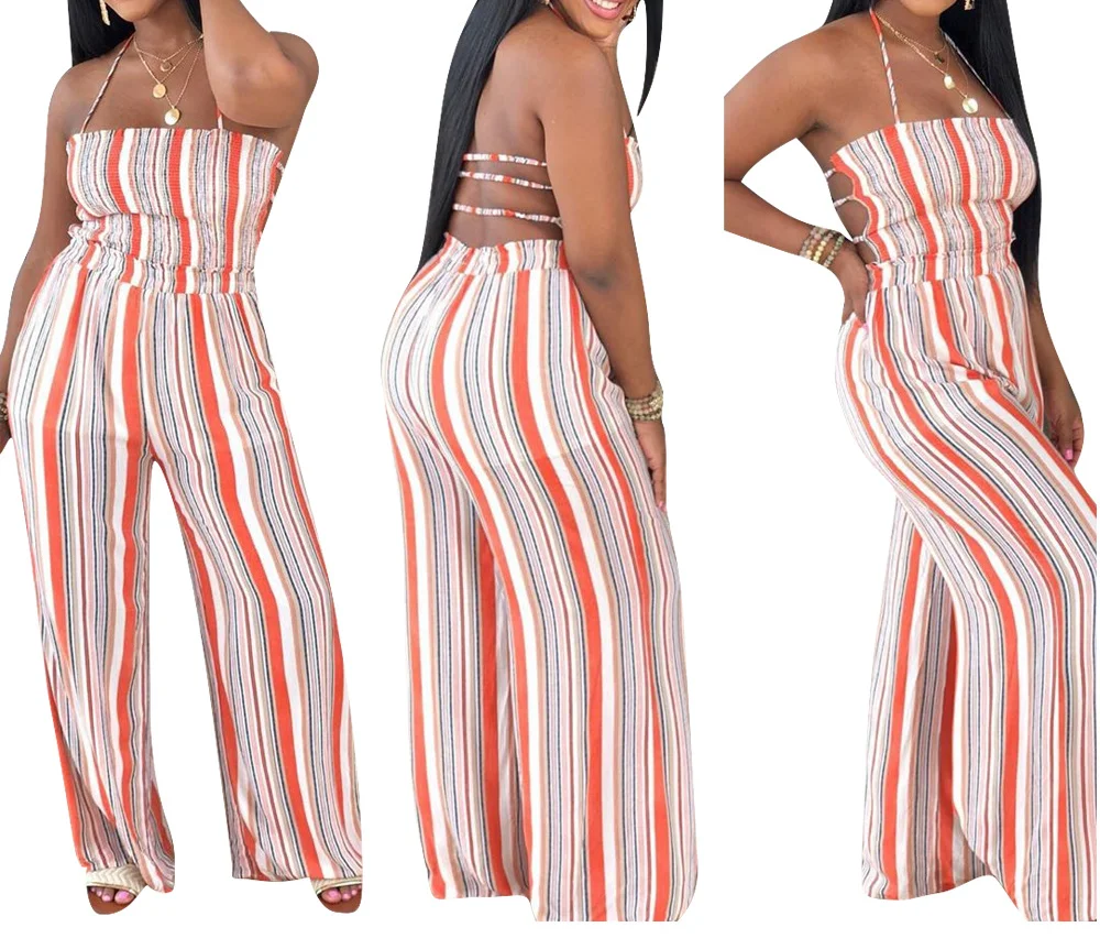 

Bohemian Women Jumpsuit Plus Size Summer Striped Casual Rompers Long Wide Leg Beachwear Hollow Backless Lace-Up Jumpsuits Femme