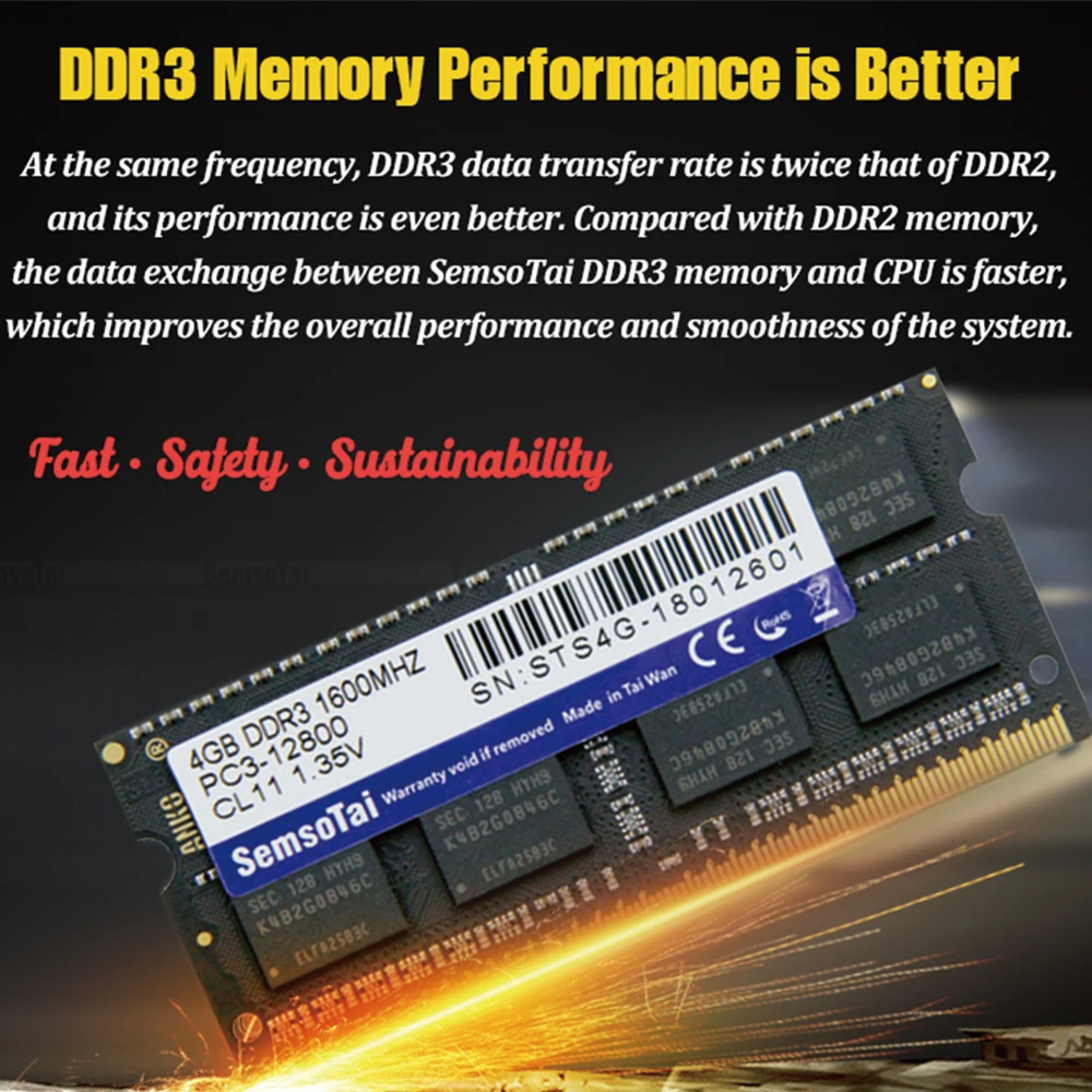 Оперативная память SemsoTai ddr3 4 Гб 1600 МГц флюоресцентная CL = 11 1 35 в 204Pin 0 ~ 85 градусов