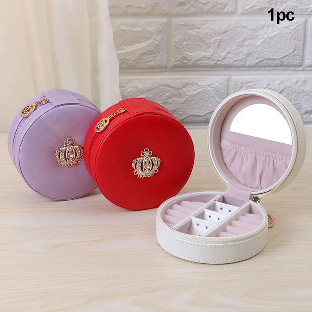 

PU Leather Round Case Display Crown Design Jewelry Box Necklace Rings Earring Holder Portable Multi-layer Organizer Solid