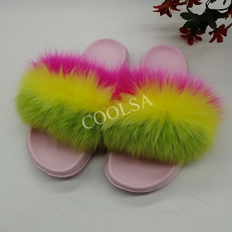 Женские дорожные меховые шлепанцы COOLSA розовые карамельных цветов с лисьим мехом