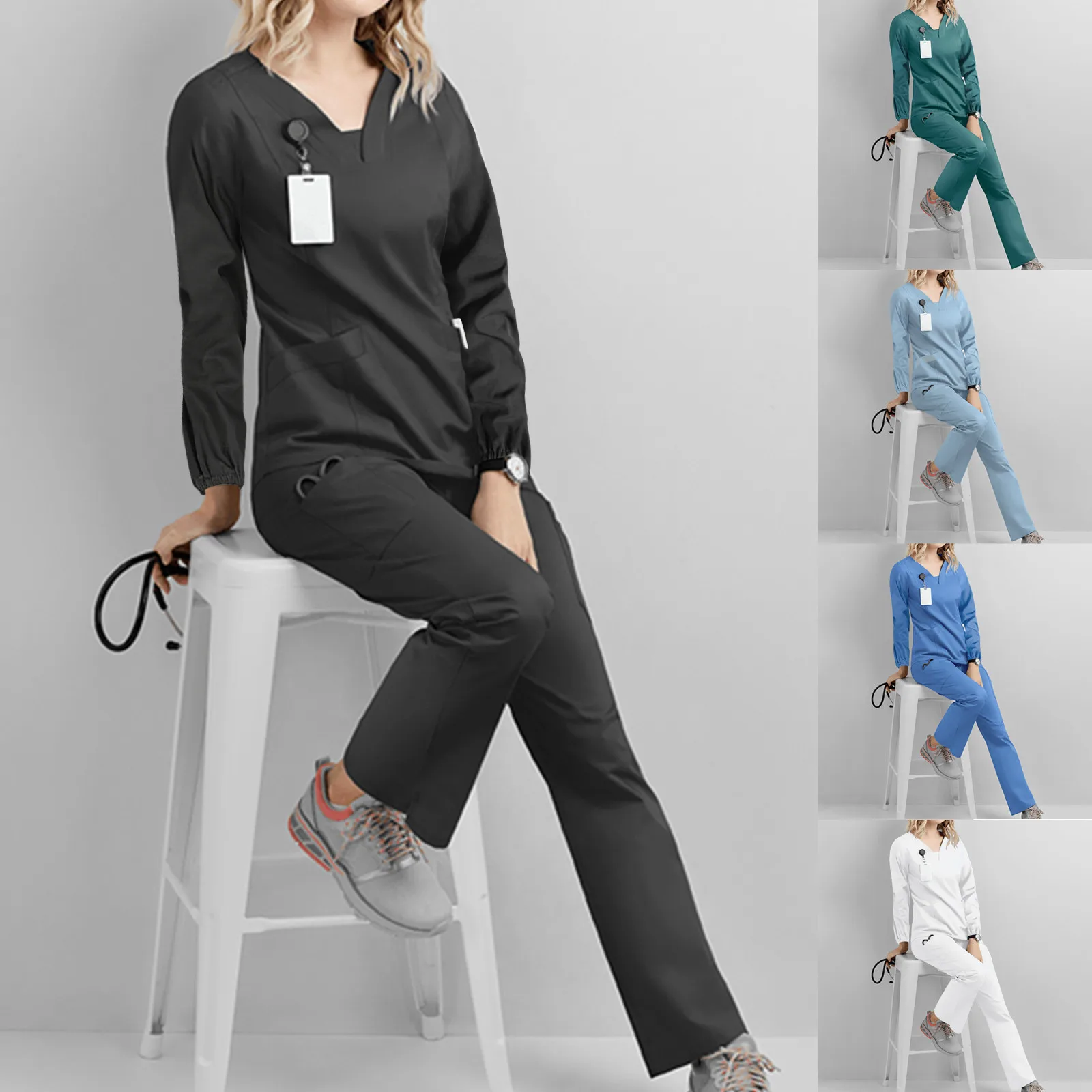 

Костюм медицинский женский с длинным рукавом и V-образным вырезом