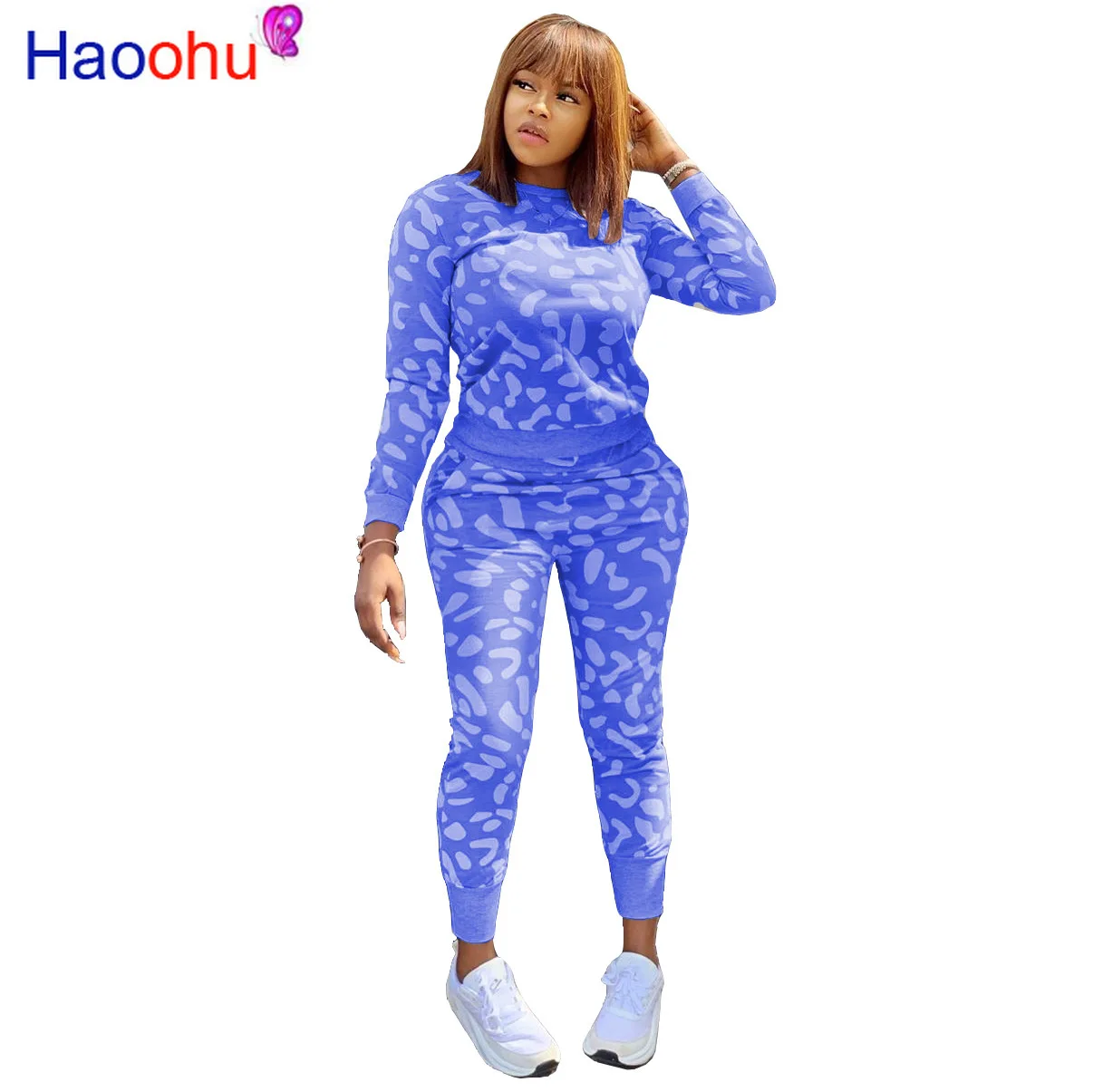 

HAOOHU/две детали с принтом, спортивный костюм, женская осенняя одежда, топ с длинными рукавами + штаны, спортивный костюм, комплекты из 2 предме...