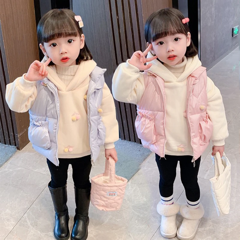 Baby Girls Winter Vest Set Cute Hairball Hooded Pullover+Cotton Padded Waistcoat Kids Thick Warm 2Pieces Suits