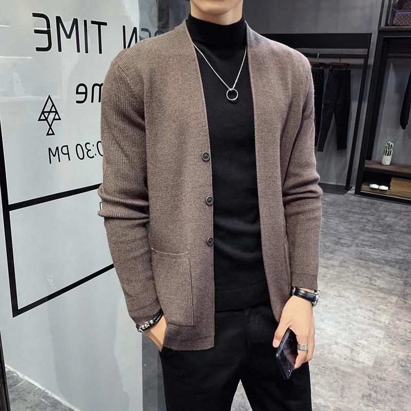 

Autumn New Cardigan Men Clothing Fashion 2021 Button Decor Korean Sweater Men Front Pocket Loose Casual Mens Cardigan 3Color 3XL