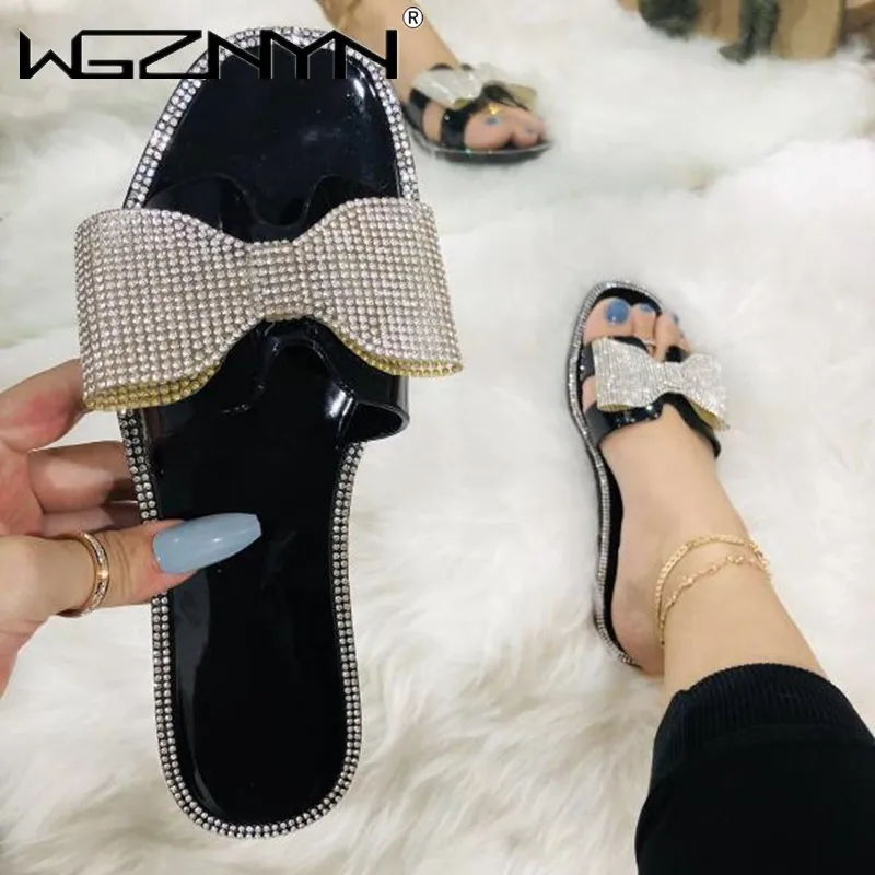 

2021 Summer Sandals Fashion Rhinestone Women's Shoes Open Toe Low Heel Outdoor Slipper Female Beach Flip Flops Crystal Slipper