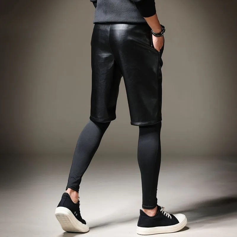 Мужские летние шорты до колена из искусственной кожи с эластичным поясом