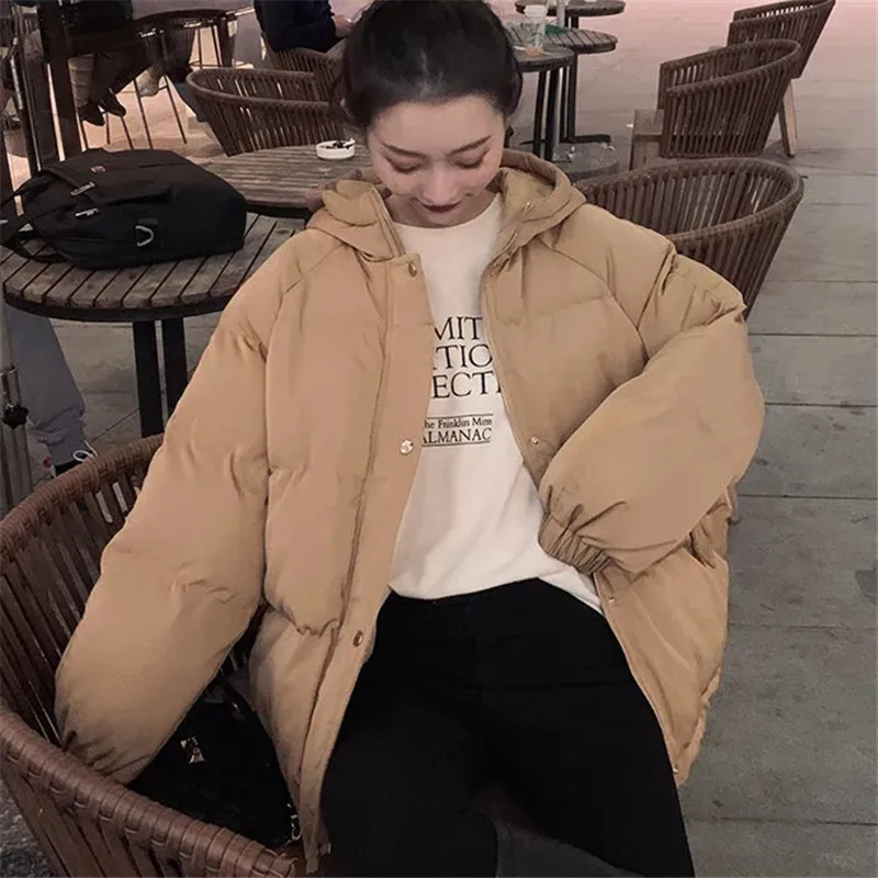 Parker Cotton Jacket Women's Winter New Hooded Solid Color Loose Button Zipper Simple Commuter Bread Coat Female Clothing ZM482
