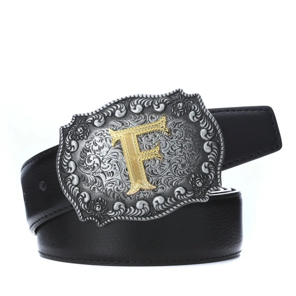 

Western Cowboy Zinc Alloy Letter Type with Pattern A To Z Belt Buckle Gift Type PU Leather Belt