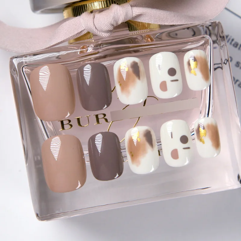 24 шт. модные короткие круглые нажимные ногти милый молочный чай цвет блестящая