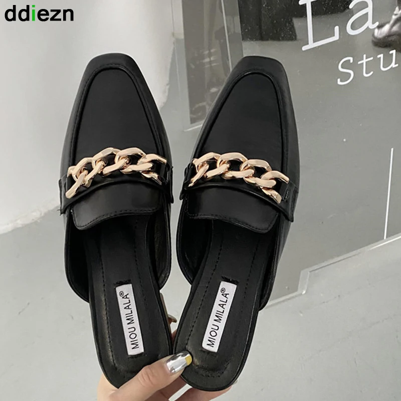 

Мюли женские на резиновой подошве, сандалии с квадратным носком, туфли-лодочки, шлепанцы с металлической цепочкой, высокий каблук, лето 2022