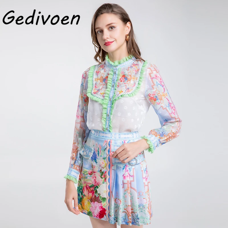 

Gedivoen New Autumn Runway Skirt Suit Women's Elegance Long Sleeve Flower Print Lace Blouse + Patchwork A-Line Mini Skirt Sets