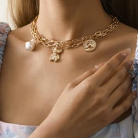 punk mini bear pendant necklace for women men hip hop coin portrait pearl cool simple choker necklace fashion gothic jewelry