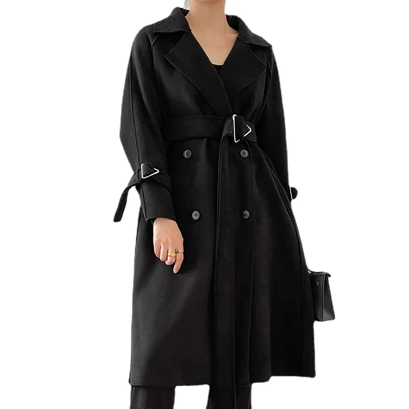 

Женское длинное шерстяное пальто, свободное черное пальто с поясом, парка большого размера с длинным рукавом, Осень-зима 2021