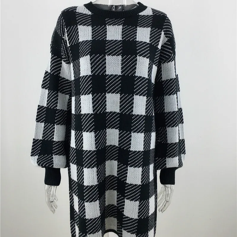 

Plus Size Winter Knitted Long Sweater Women Long Sleeve O Neck 2020 Autumn Office Lady Straight Pullover Plaid Sweater Dress