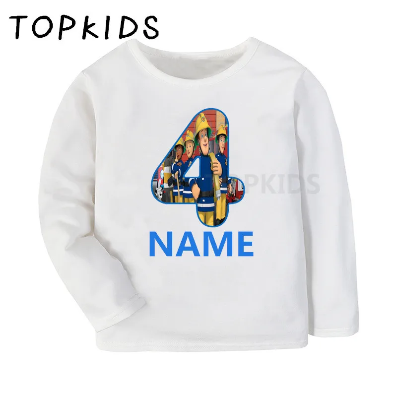 2019 Boys Girls Happy Birthday Fireman Sam Number 1-9 Print T shirt Kids Long Sleeve T-shirt Baby Funny Present Clothes LKP2458 | Детская