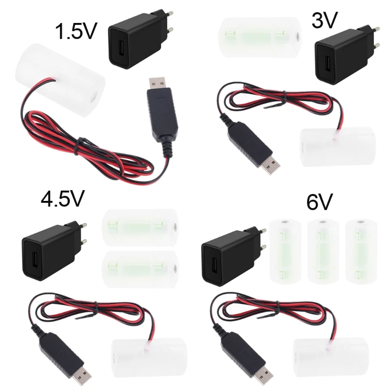 

EU Plug USB Battery Power Supply Adapter Can Replace 1 to 4pcs 1.5V 3V 4.5V 6V D Size LR20 Battery Eliminator 1m Cable for