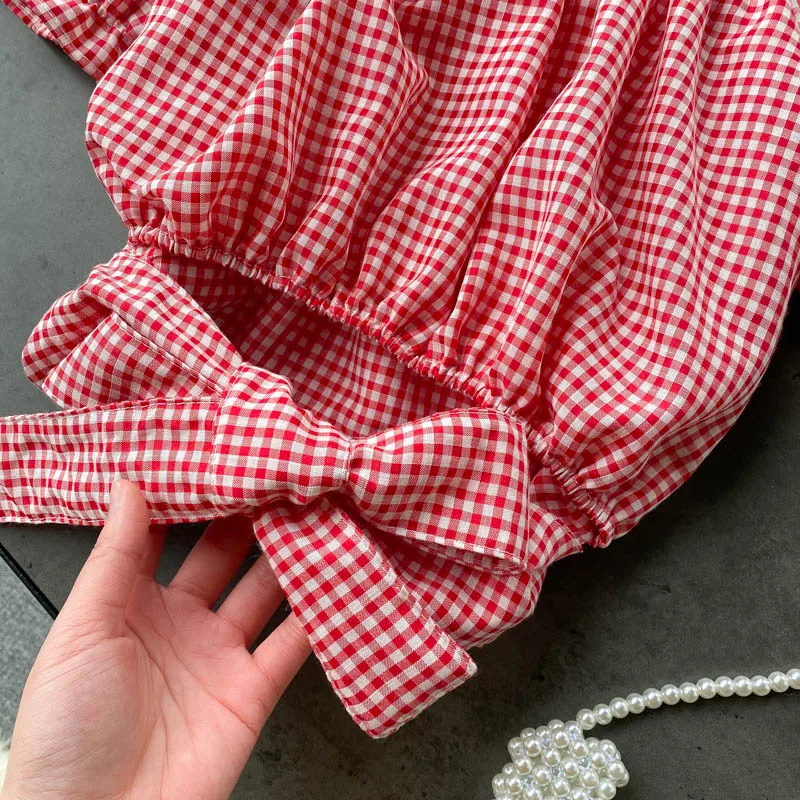 

French Women Plaid Blouse Summer Puff Sleeve Slash Neck Bow Drawstring Slim Blouses Fashion Streetwear Vintage Tops