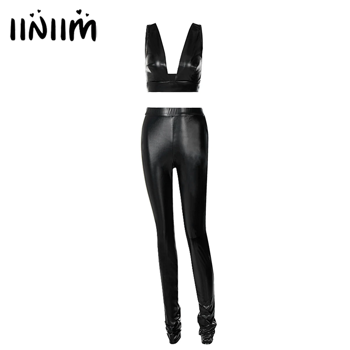 

Women Fashion Streetwear PU Leather Two-piece Leisure Suit Nightclub Deep V Neck Sleeveless Crop Top with High Waist Pants