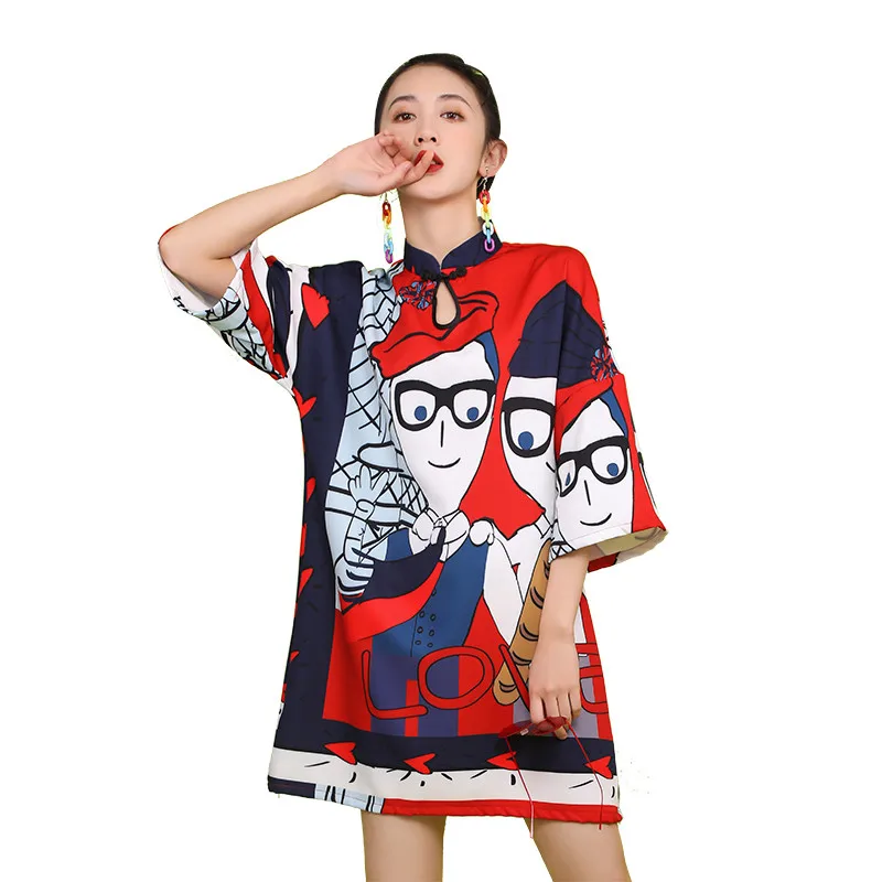 

China's lowest pri Cartoon Printed Dress Women Fashion Three Quarter Sleeve Buckle Stand Collar Cheongsam Mini Dress Kawaii