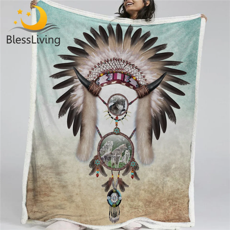 

BlessLiving Wolf Dreamcatcher Blanket Feather Beads Sherpa Fleece Blanket Boy Western Bed Couch manta Gray Teal Bedding