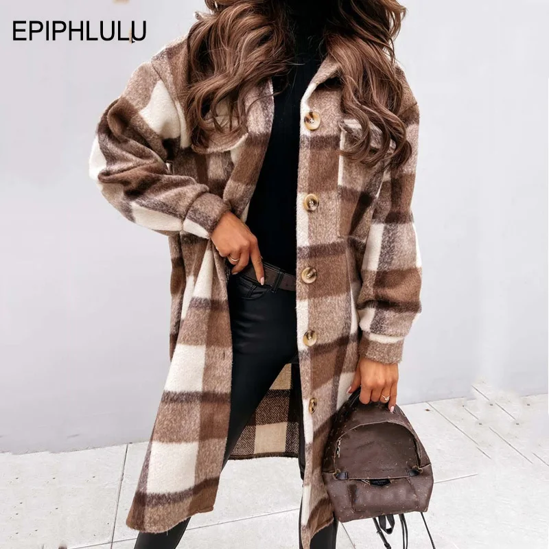 

Autumn Long Winter Coat Women Warm Wool Blend Jacket Ladies Thicken Woolen Jacket Checkered Plaid Coats For Women 2023