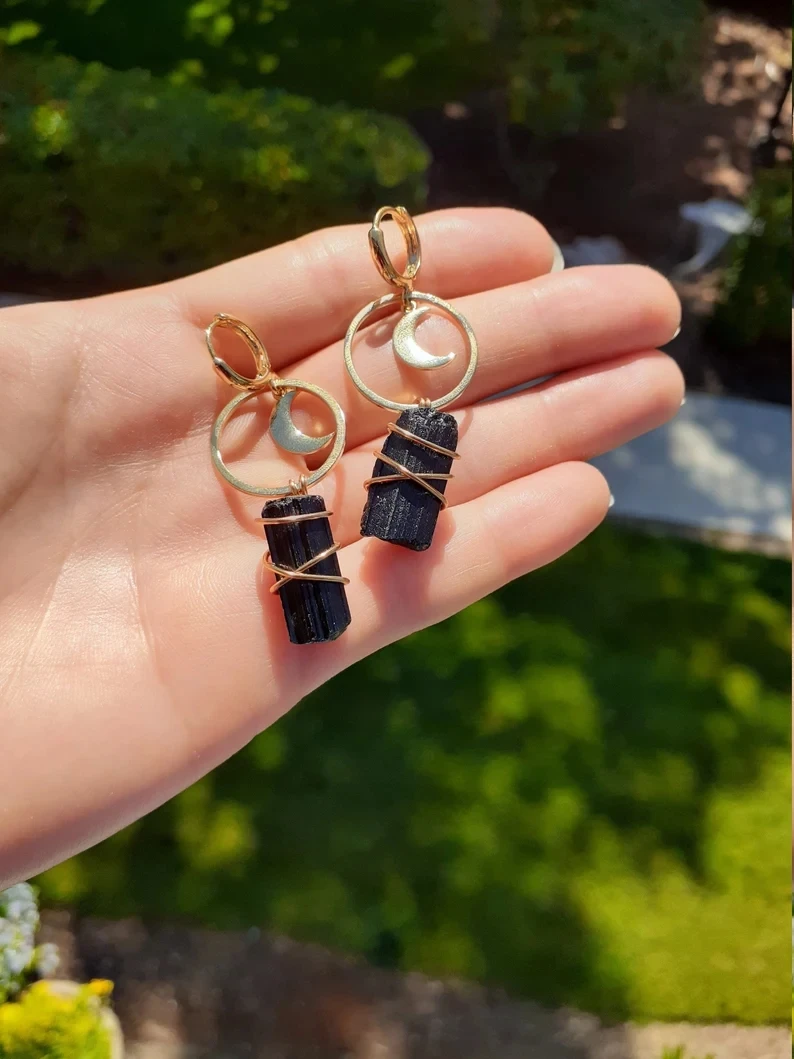 

Handmade Black Tourmaline golden Moon Earrings