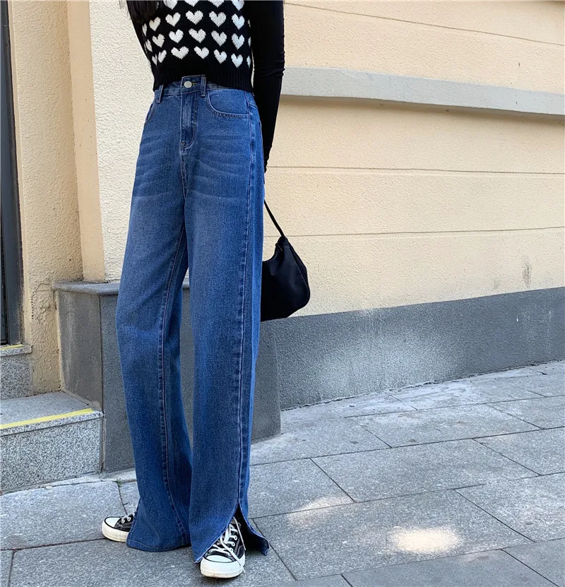 

Women'S Spring Autumn Casual Vintage High Waist Split Jeans Fashion Blue Wide Leg Denim Trousers Female Straight Streetwear