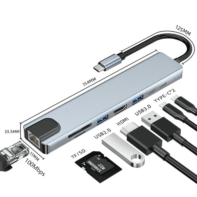 

USB-концентратор типа C 3,1 на 4K HDMI-совместимый RJ45 USB SD/TF кардридер PD Быстрая зарядка 8 в 1 USB-порт для MacBook Air Pro ПК концентратор