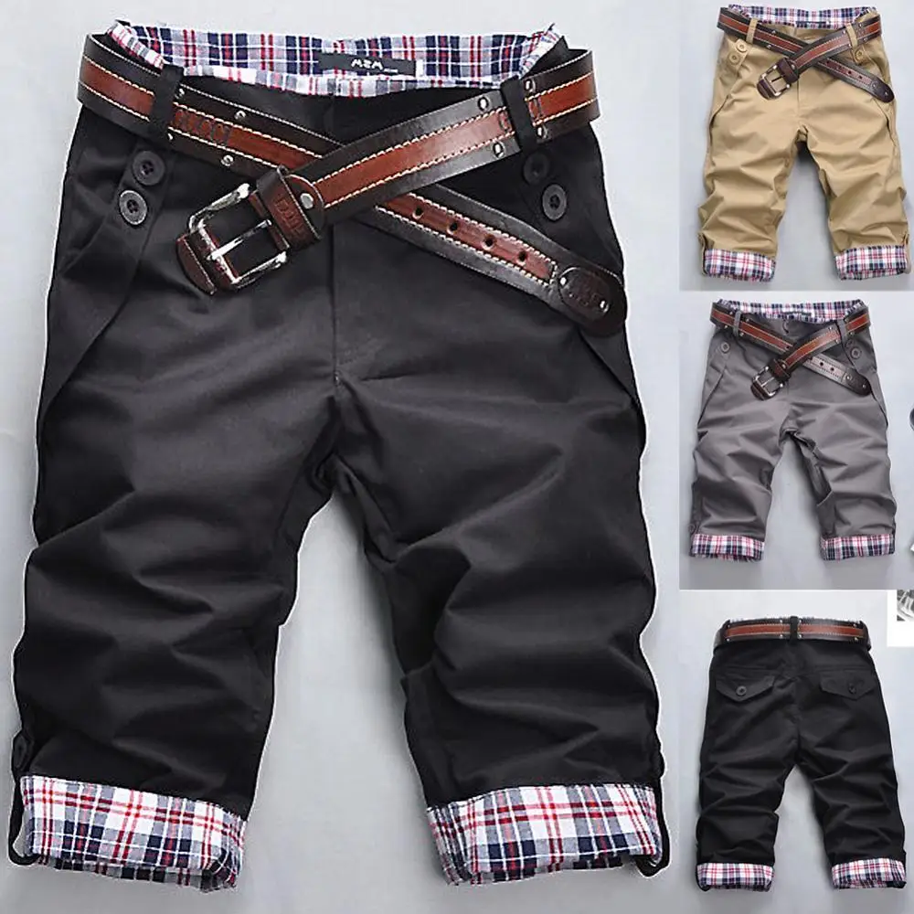 

Men Casual Summer Plaid Patchwork Pockets Buttons Fifth Pants Loose Beach Shorts Riding Enduro Short Pants Motorbike BIke Shorts
